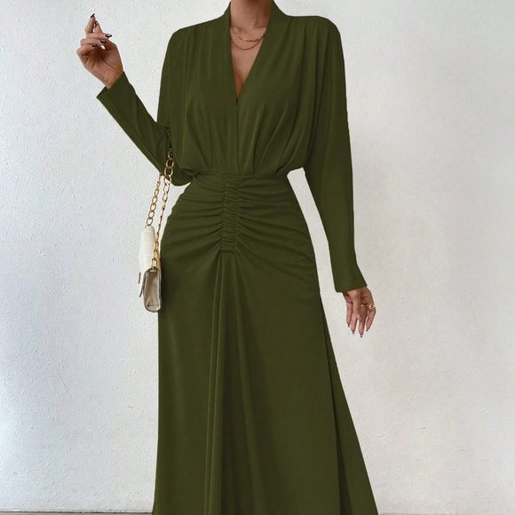 Green Preppy Womens Solid Ruched Front Ruched Waist A-line Dress - Picture 5 of 5